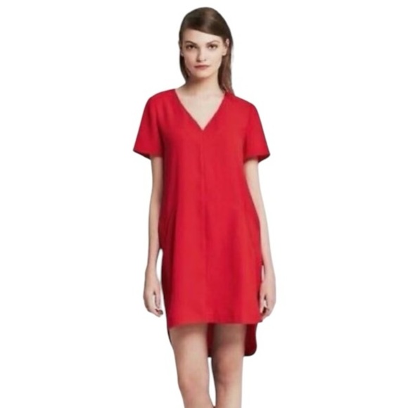 BANANA REPUBLIC Mini Dress Curved Hem Shift Red V Neck Pockets Size 2 Work Party - Picture 10 of 10